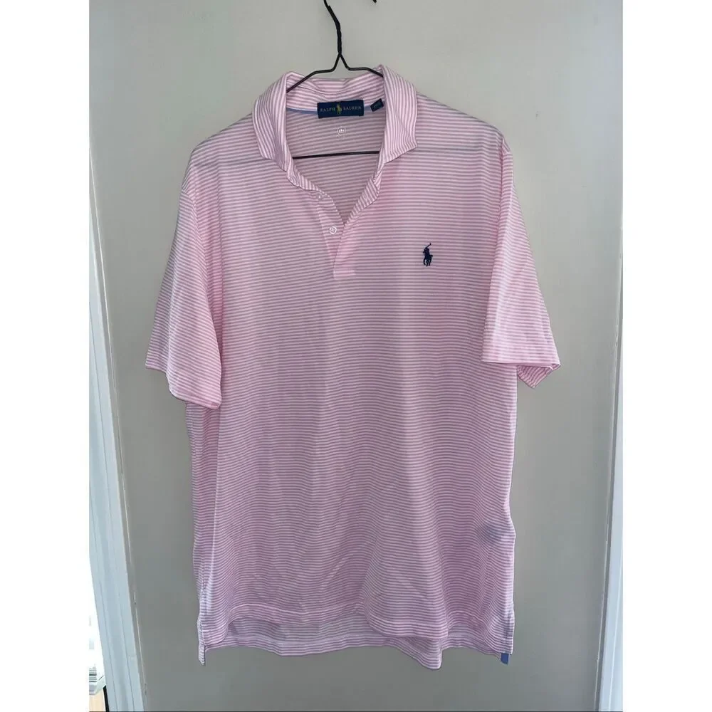 Ralph Lauren Men’s Wicking Polo Pink White Stripe Large
